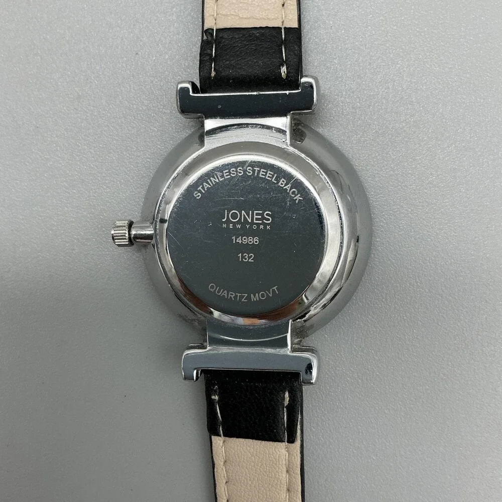 Jones New York 14986 Womens Watch 34mm Black Dial Leather Silver Tone New Batt